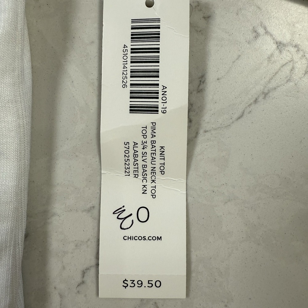 Chico's NWT Womens T Shirt Top 3/4 Sleeve  Button Accent White Bandeau Pima 0 Sm - Picture 15 of 16